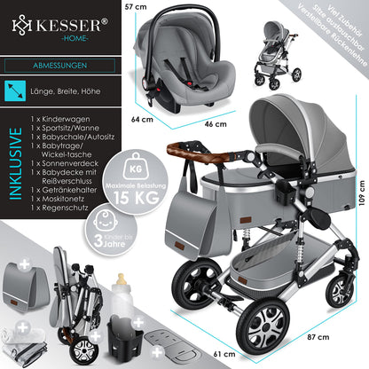 KESSER® Loops 3 in 1 Kinderwagen Kombikinderwagen Komplett-Set inkl. Babywanne & Buggy Sportsitz & Auto-Babyschale Voll-Gummireifen Wickeltasche Regenschutz Kindertisch ECE R129, Schwarz/Champagne - Meloni2