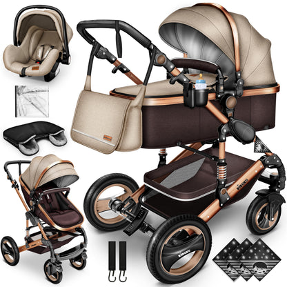 KIDUKU® 3 in 1 Kinderwagen Komplettset | Kombikinderwagen Set inkl. Babywanne & Buggy Sportsitz & Auto-Babyschale Fußsack | Vollgummireifen Wickeltasche Handwärmer Regenschutz Kindertisch ECE R129