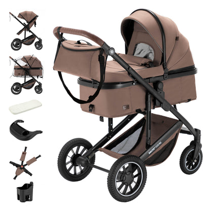 Daliya® FLEXI-PRO M 2in1 Kombikinderwagen & Buggy – XXL-Set, Reise-Kinderwagen mit Einhand-Abnahme, Wetterschutz, Sportsitz, Wickeltasche, Spieltisch, Regenschutz, dicke Matratze (Olivgrün)