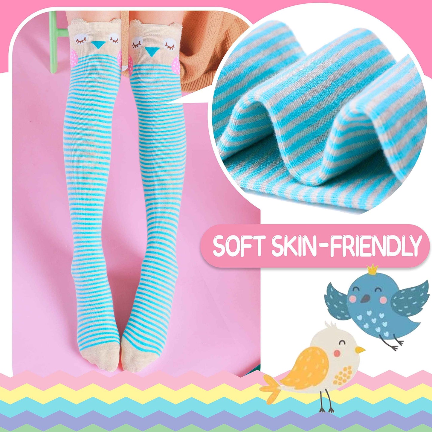 ANTSANG Girls' Knee Socks 6 Pairs for Children Gifts Long Funny Children's Socks Animal Cotton Socks 3-12 Years