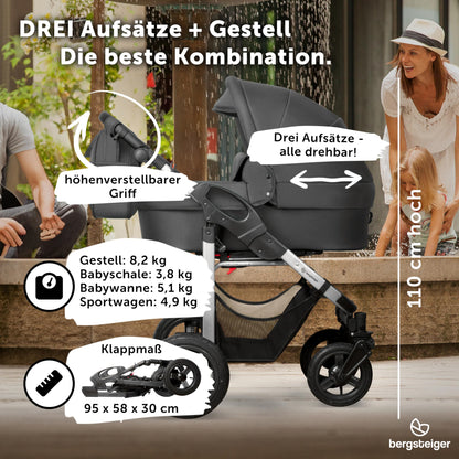 Bergsteiger Capri 3-in-1 Combination Pushchair - Baby Carrier, Sports Seat & i-Size Baby Seat, Pneumatic Tyres, Suspension, Height-Adjustable Handle, Foldable, Accessories