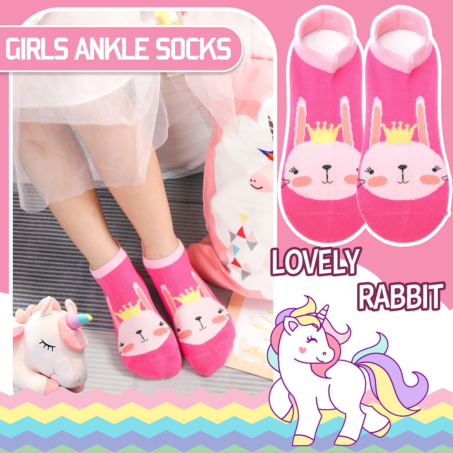 ANTSANG Kinder Lustige Socken Mädchen Sneaker Socken Kurze Einhorn Kindersocken Bunte Cartoon Baumwolle Kleinkind Socken 6 Paare