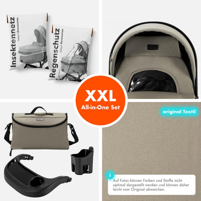 Daliya® FLEXI-PRO M 2in1 Kombikinderwagen & Buggy – XXL-Set, Reise-Kinderwagen mit Einhand-Abnahme, Wetterschutz, Sportsitz, Wickeltasche, Spieltisch, Regenschutz, dicke Matratze (Olivgrün)