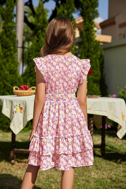 Arshiner Girls Dresses Flutter Sleeves Kids Summer Cotton Formal Dress A-Line Waist Lace-up Casual Dress Swing Dress Elegant Sleeveless Dress for Girls 5-13 Years 
