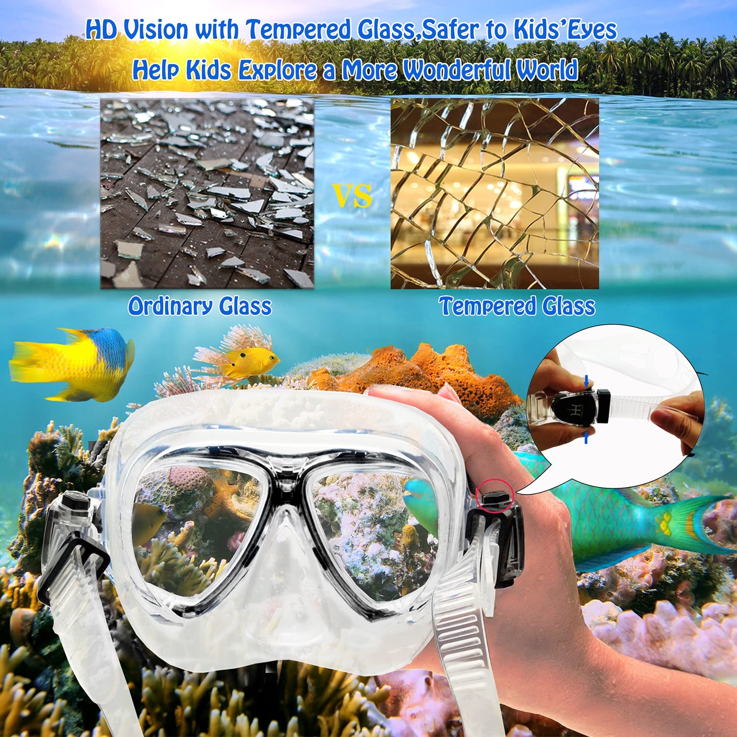 HH HHAO SPORT Children's snorkel set with fins, 180° panorama wide view diving goggles children, adjustable flippers, high-quality diving mask and dry top snorkel