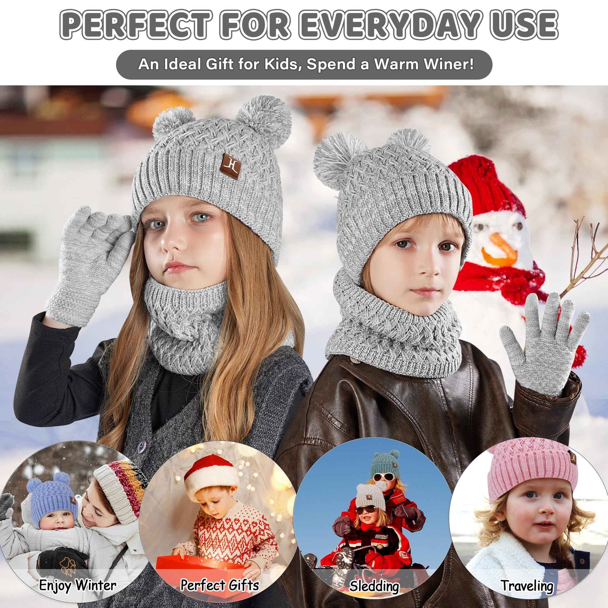 Children's Winter Hat Loop Scarf Touchscreen Gloves Set 2 3 4 5 6 7 Years Toddler Winter Hat Beanie Tube Scarf Knitted Pom Hats Gift Girls Boys
