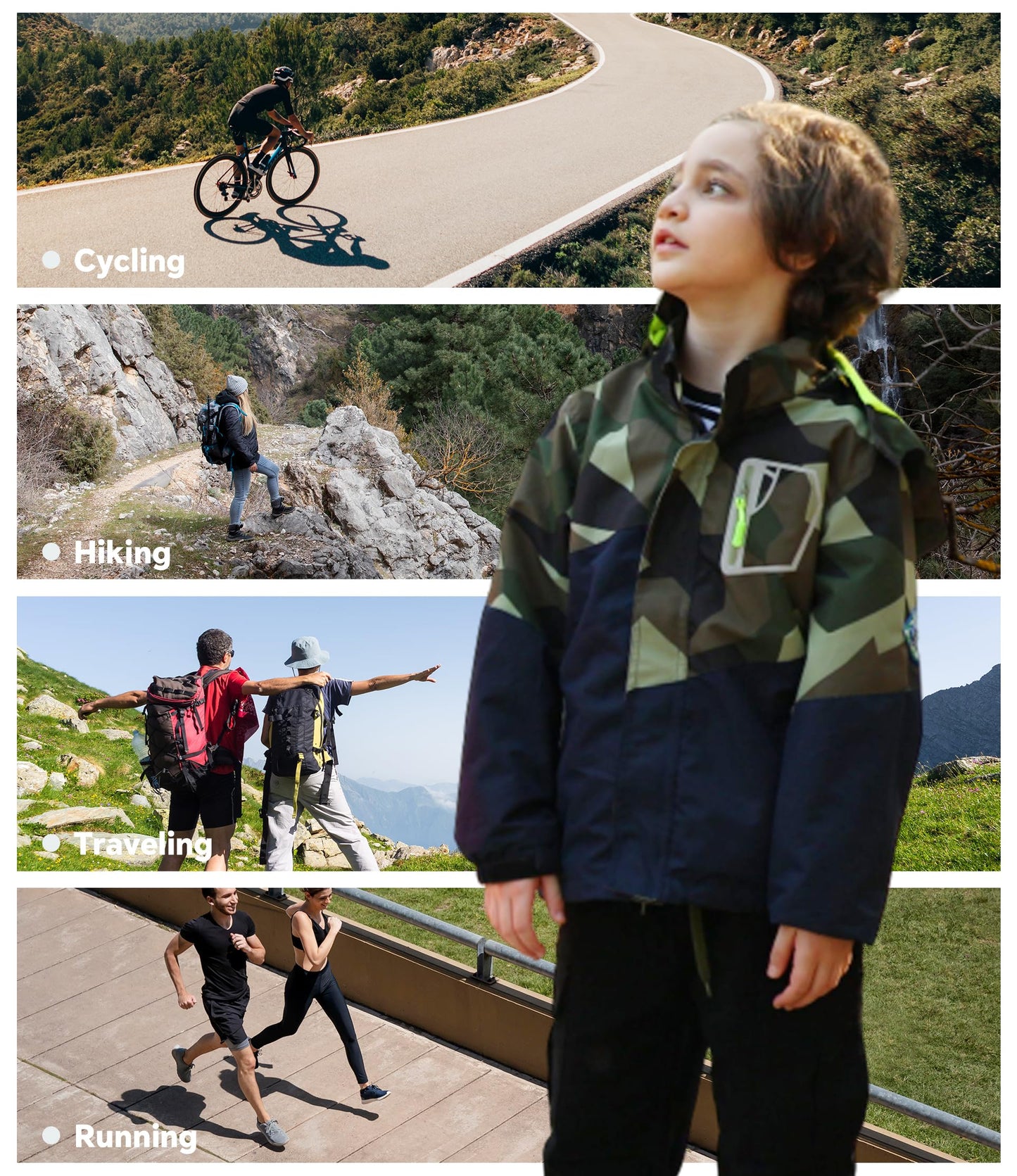LAUSONS Children's Lined Rain Jacket Boys Camouflage Waterproof Jacket Lightweight Transition Jacket with Removable Hood 