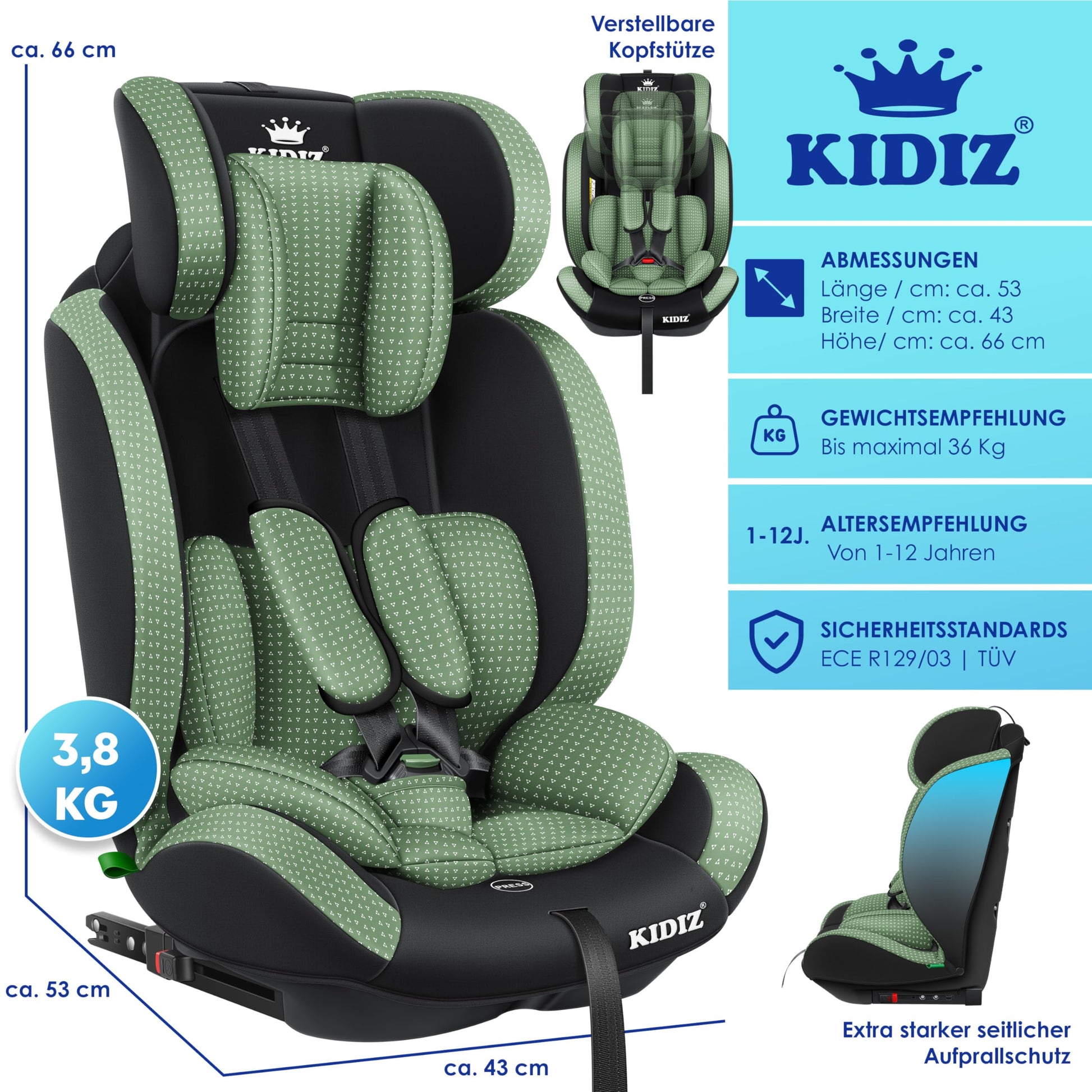 KIDIZ® Autokindersitz Triangle Premium Kindersitz Kinderautositz | Autositz Sitzschale | 9 kg - 36 kg 1-12 Jahre | Gruppe 1/2/3 | universal | zugelassen nach ECE R129/03 | mit Isofix - Meloni2