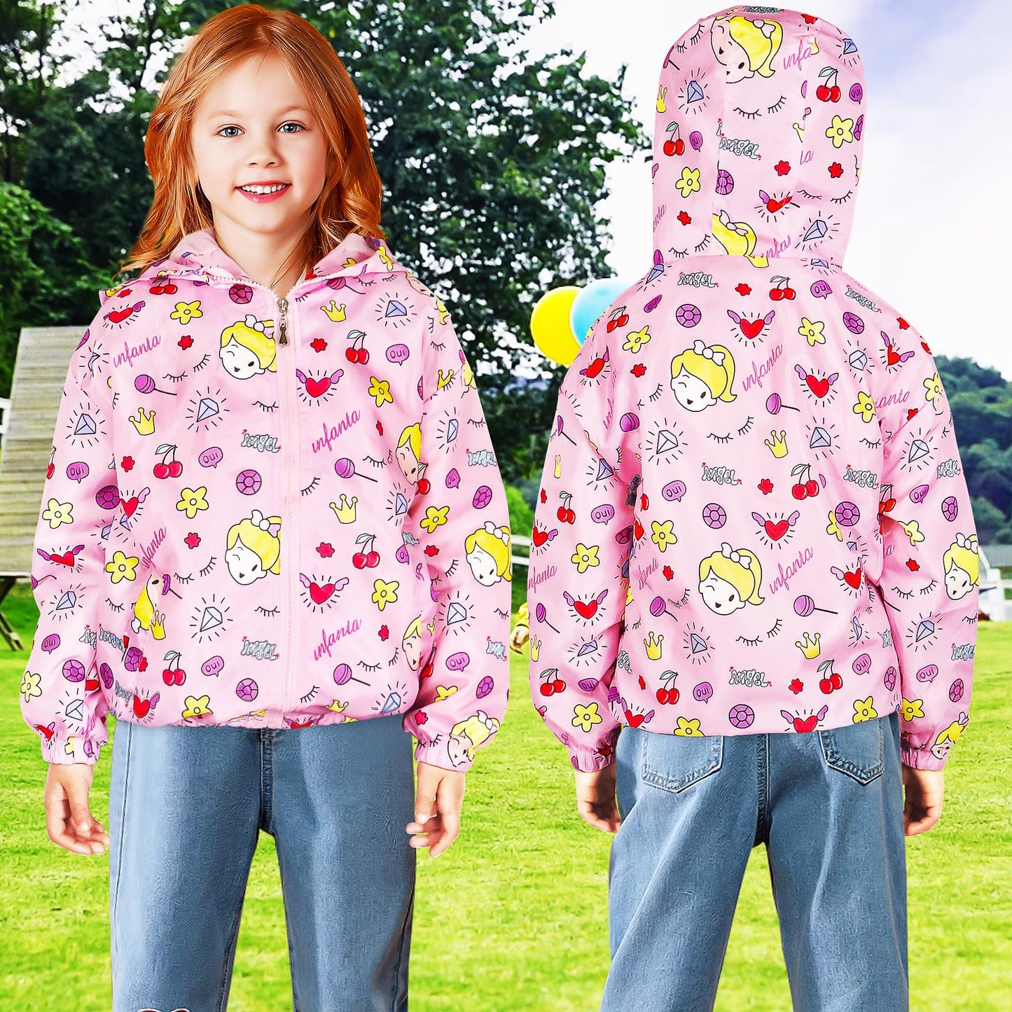JinBei Jacken Mädchen Jacke Baby Kinder Kapuzen Sweatjacke Kapuzenjacke Cartoon Aufdruck Winddicht Mantel Windjacke Übergangsjack Frühling Herbst Outwear Softshelljacke Regenjacken 1-7 Jahre