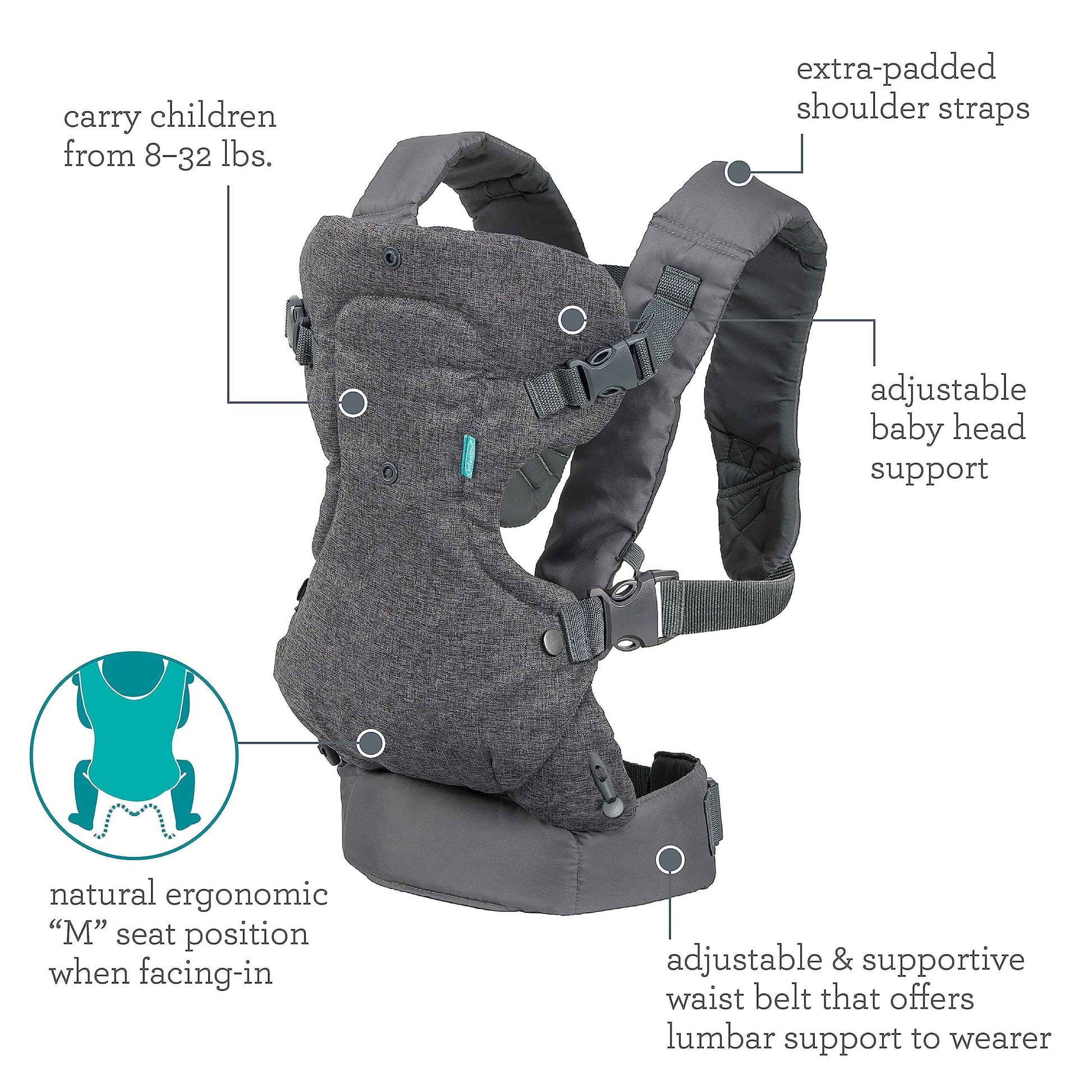 Infantino Flip Advanced 4-in-1 Babytrage, Ergonomisch, Umwandelbar, mit Blickrichtung Nach Innen und Außen, Vorne und Hinten Tragbar für Neugeborene bis Kleinkinder von 3,6-14,5 kg, Grau