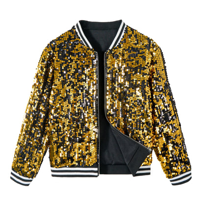 LOLANTA Girls Sequin Bomber Jacket with Pockets Zipper Long Sleeve Glitter Baseball Jackets for Kids 4-13 Years 
