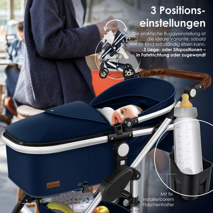 KESSER® Loops 3 in 1 Stroller Combi Stroller Complete Set including Carrycot &amp; Buggy Sports Seat &amp; Car Seat Solid Rubber Tires Changing Bag Rain Cover Children's Table ECE R129, Black/Champagne 