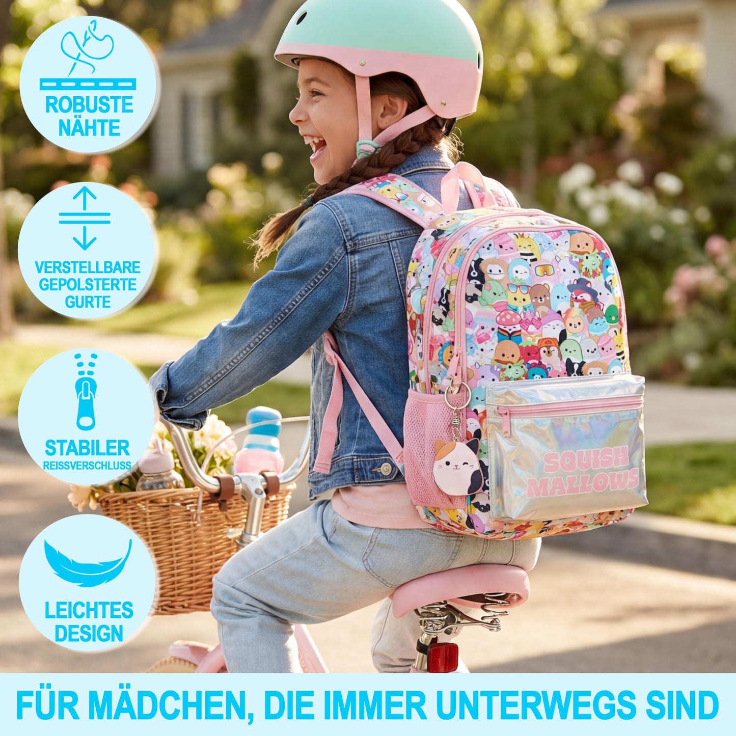 Rucksack Mädchen, Verstellbarer Reisetasche für Schule und Reise, Gepolsterte Schulrucksack mit Zwei Schlüsselanhänger, Geschenke für Kinder (Multi Squishmallows)