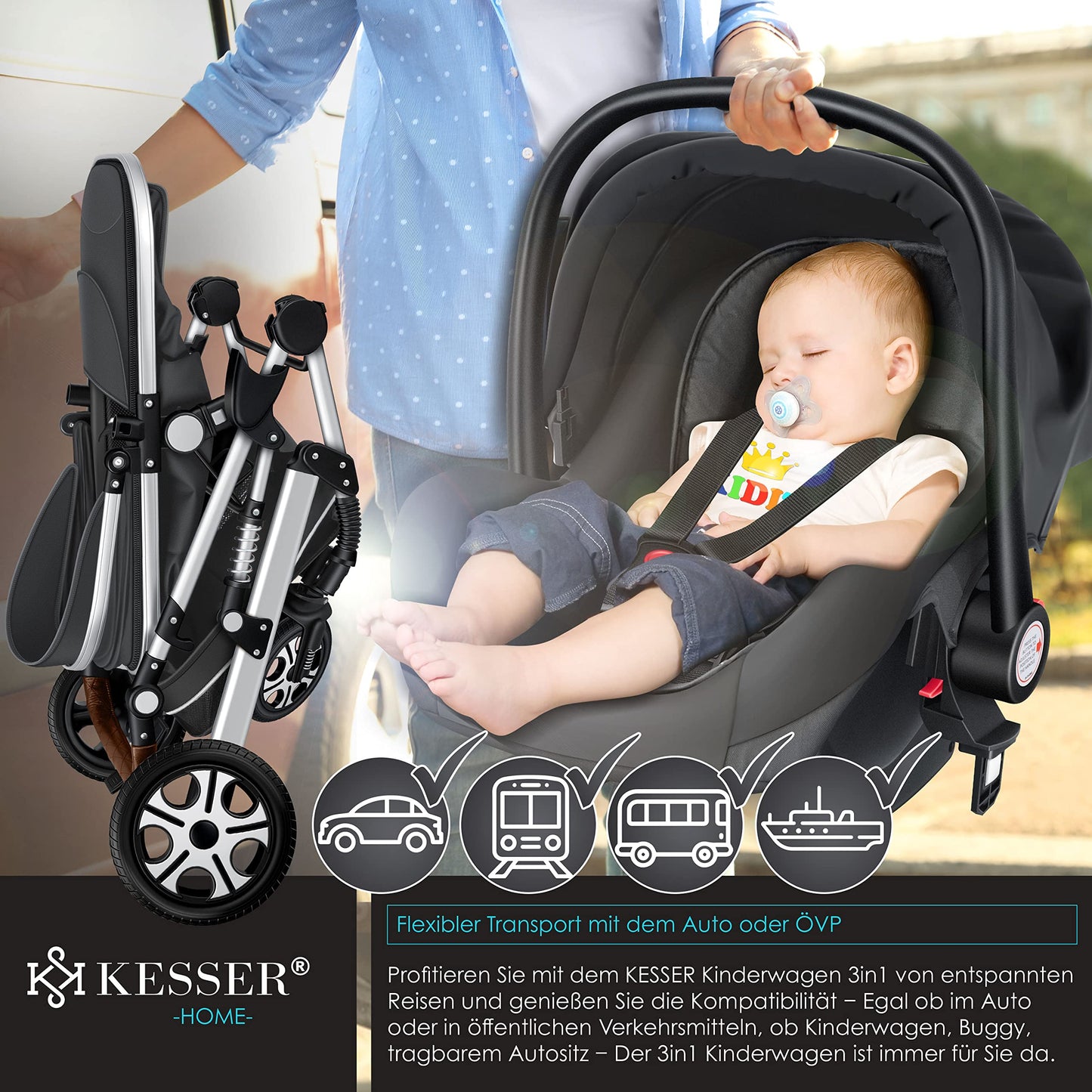 KESSER® Loops 3 in 1 Stroller Combi Stroller Complete Set including Carrycot &amp; Buggy Sports Seat &amp; Car Seat Solid Rubber Tires Changing Bag Rain Cover Children's Table ECE R129, Black/Champagne 