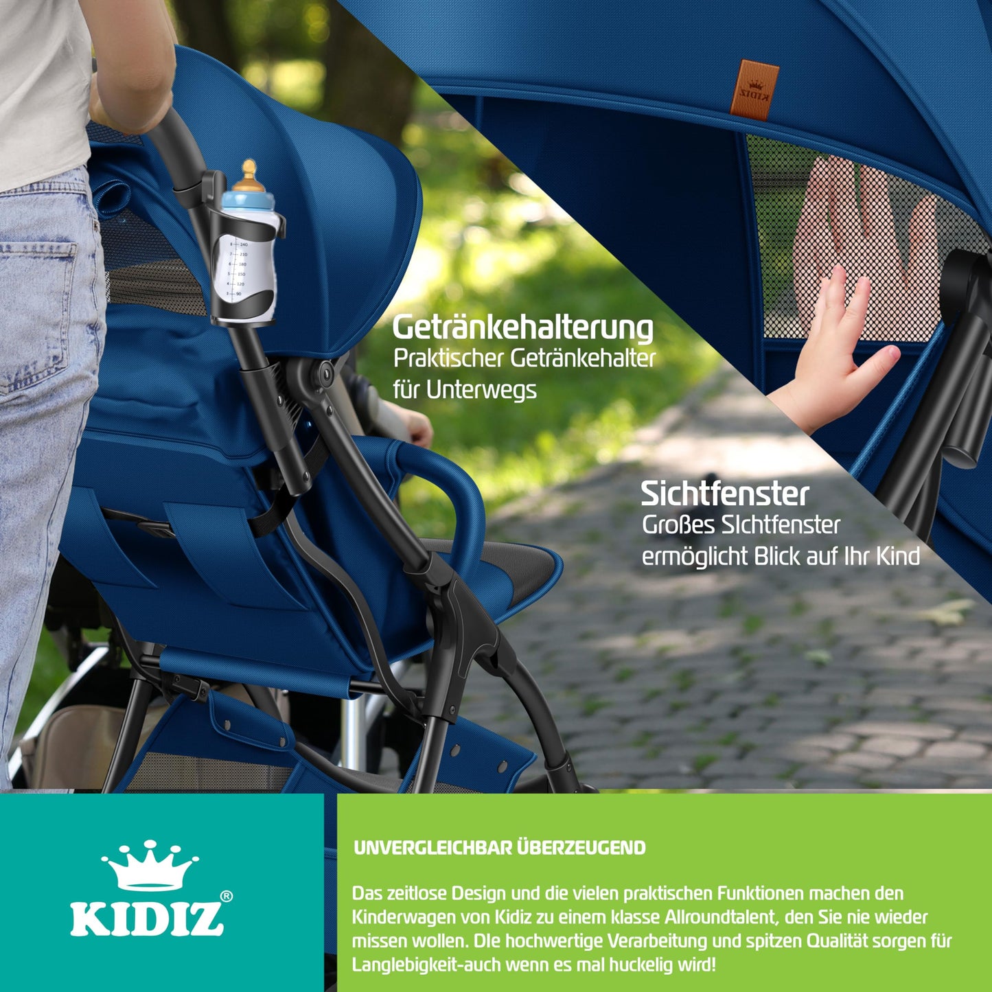 KIDIZ® Folding Pushchair, Sports Pram, 360° Wheels, 5-Point Harness, incl. Drinks Holder, Rain Cover, Adjustable Backrest and Sun Canopy, Red