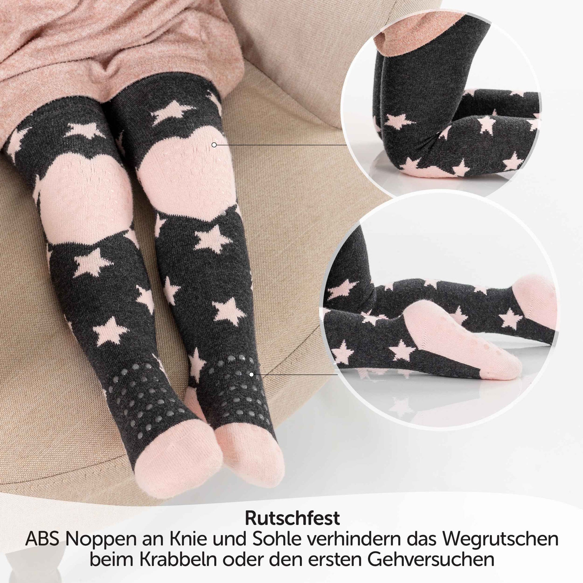 LaLoona Baby Crawling Tights with ABS Sole - Elastic Children's Tights with Non-Slip Nubs - Stars / Pink