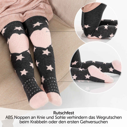 LaLoona Baby Crawling Tights with ABS Sole - Elastic Children's Tights with Non-Slip Nubs - Stars / Pink