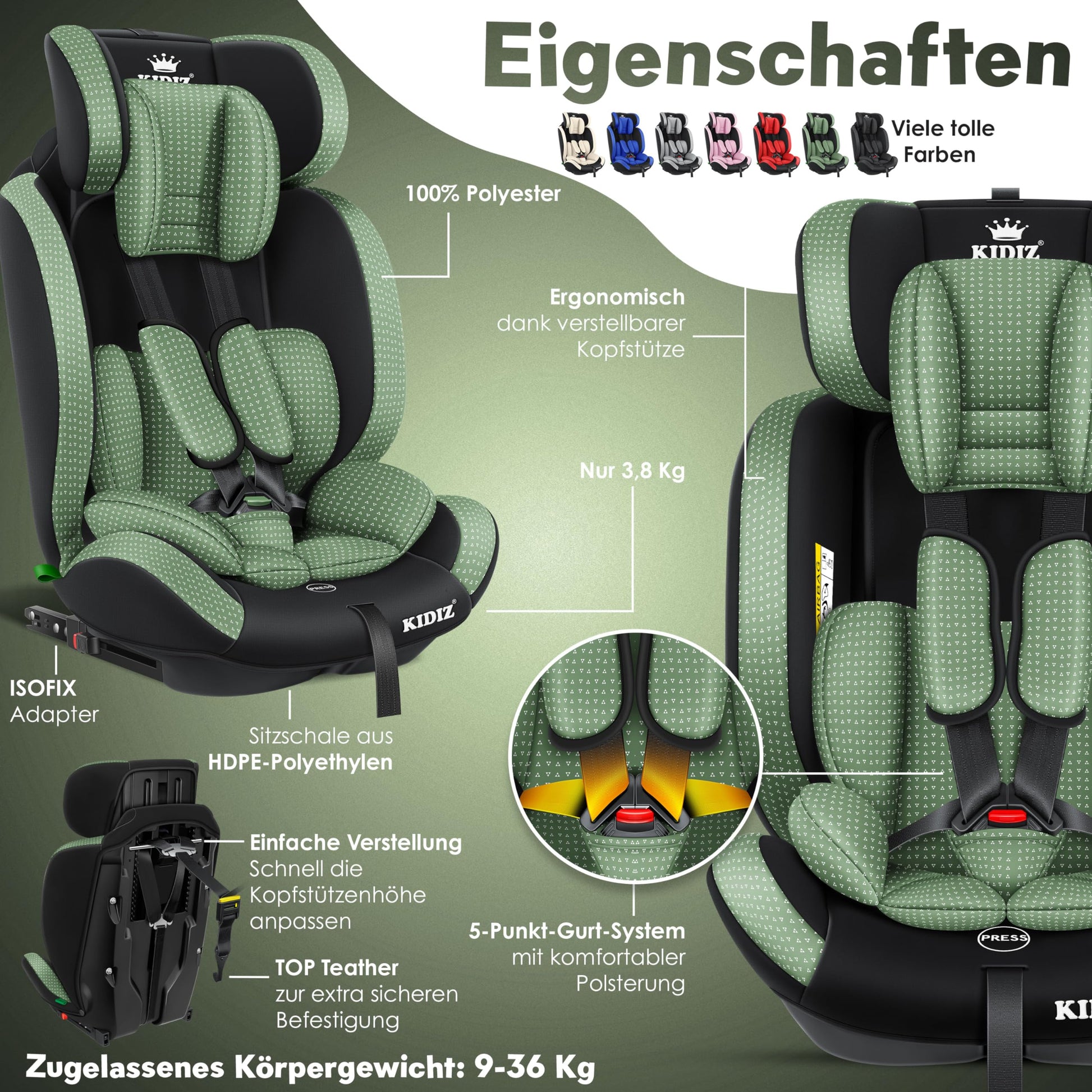 KIDIZ® Autokindersitz Triangle Premium Kindersitz Kinderautositz | Autositz Sitzschale | 9 kg - 36 kg 1-12 Jahre | Gruppe 1/2/3 | universal | zugelassen nach ECE R129/03 | mit Isofix - Meloni2
