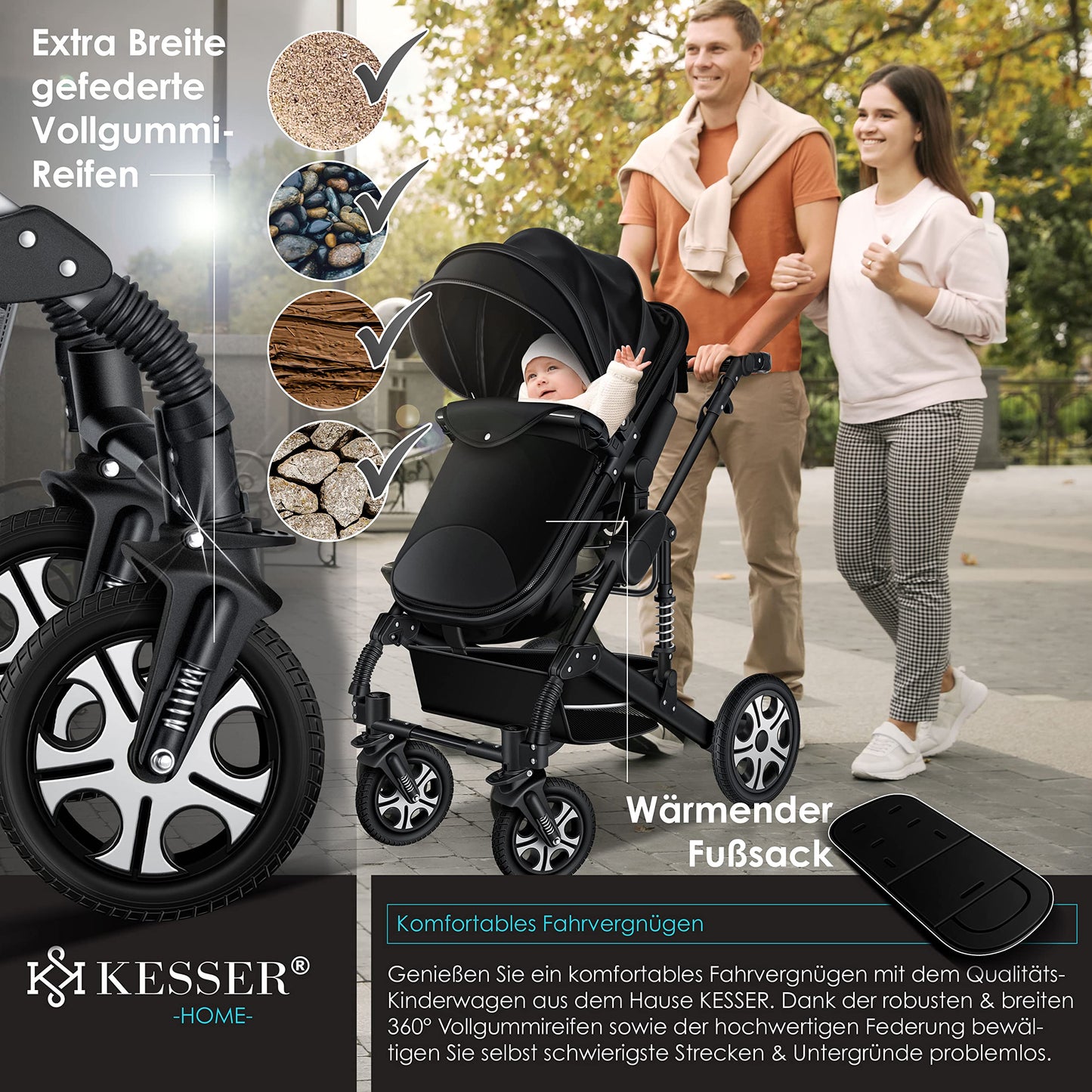 KESSER® Loops 3 in 1 Stroller Combi Stroller Complete Set including Carrycot &amp; Buggy Sports Seat &amp; Car Seat Solid Rubber Tires Changing Bag Rain Cover Children's Table ECE R129, Black/Champagne 