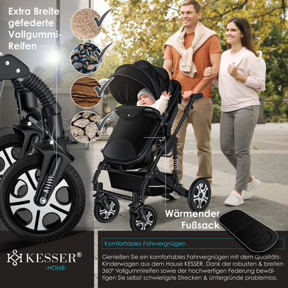 KESSER® Loops 3 in 1 Stroller Combi Stroller Complete Set including Carrycot &amp; Buggy Sports Seat &amp; Car Seat Solid Rubber Tires Changing Bag Rain Cover Children's Table ECE R129, Black/Champagne 