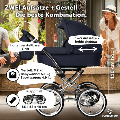 Bergsteiger Venice Nostalgia 4-in-1 Combination Pushchair - Baby Carrycot, Sports Seat, i-Size Baby Seat & Isofix Station, Pneumatic Tyres, Height Adjustable, Foldable, Accessories