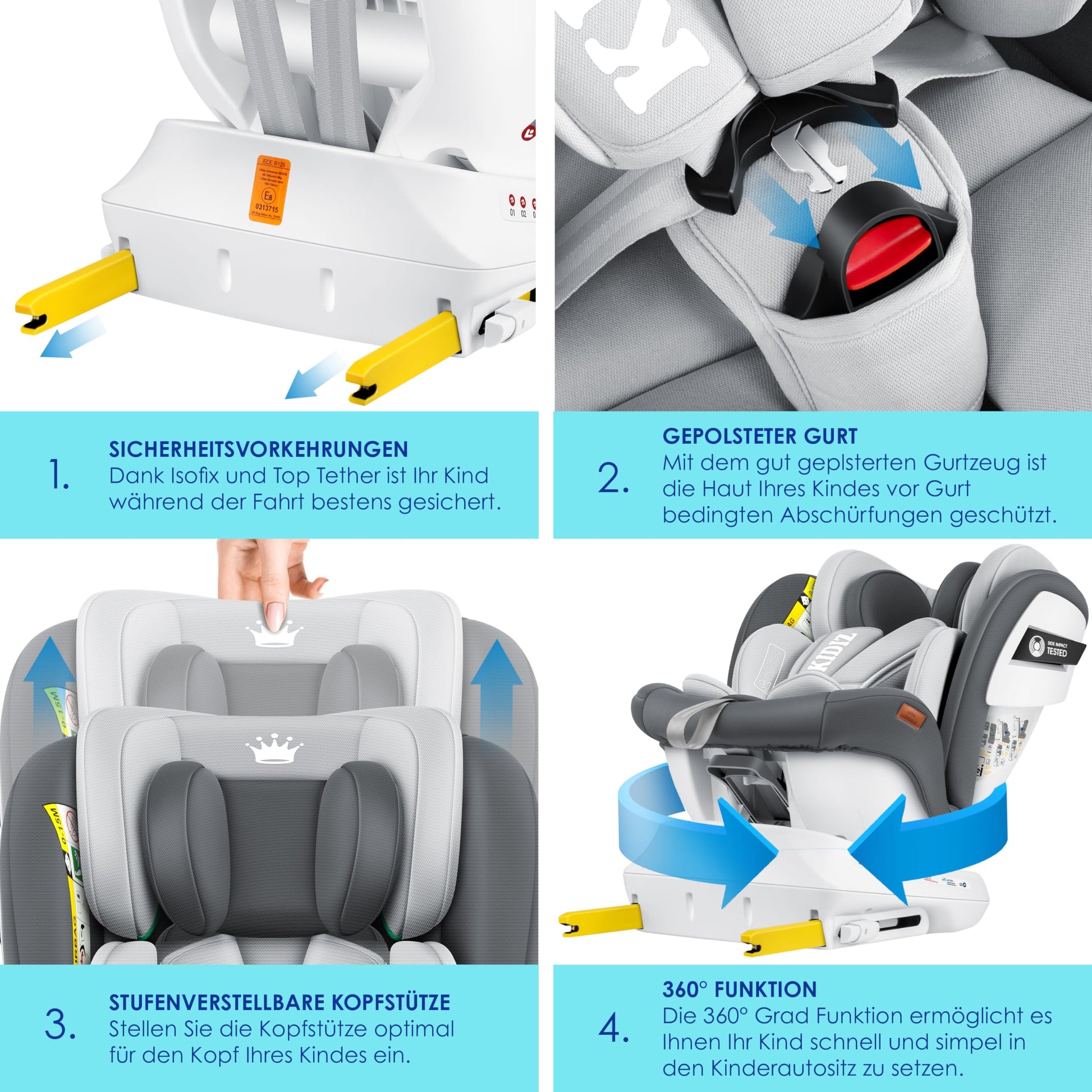 KIDIZ® Kindersitz Baby Autositz Kinderautositz Isofix Top Tether 360° drehbar Gruppe 0/1/2/3 ab Geburt 0-36kg Mit Sonnenschutzdach Seitenschutz 5 Punkt Gurt Kopfstützenverstellung ECE R129 Grau - Meloni2