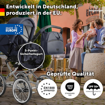 Bergsteiger Venice Nostalgia 4-in-1 Combination Pushchair - Baby Carrycot, Sports Seat, i-Size Baby Seat & Isofix Station, Pneumatic Tyres, Height Adjustable, Foldable, Accessories