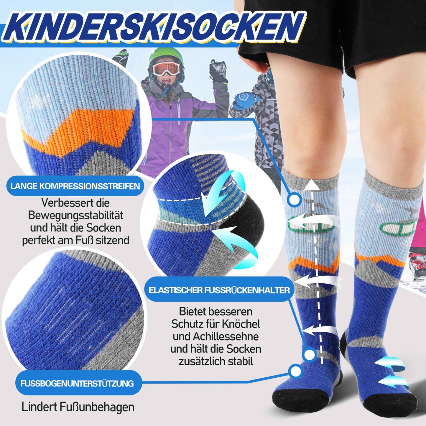 ANTSANG Kinder Merino Woll Skisocken Jungen Mädchen Thermisch Dick Warm Winter Gemütlich Kniehohe Socken zum Skifahren Snowboarden 3 Paar