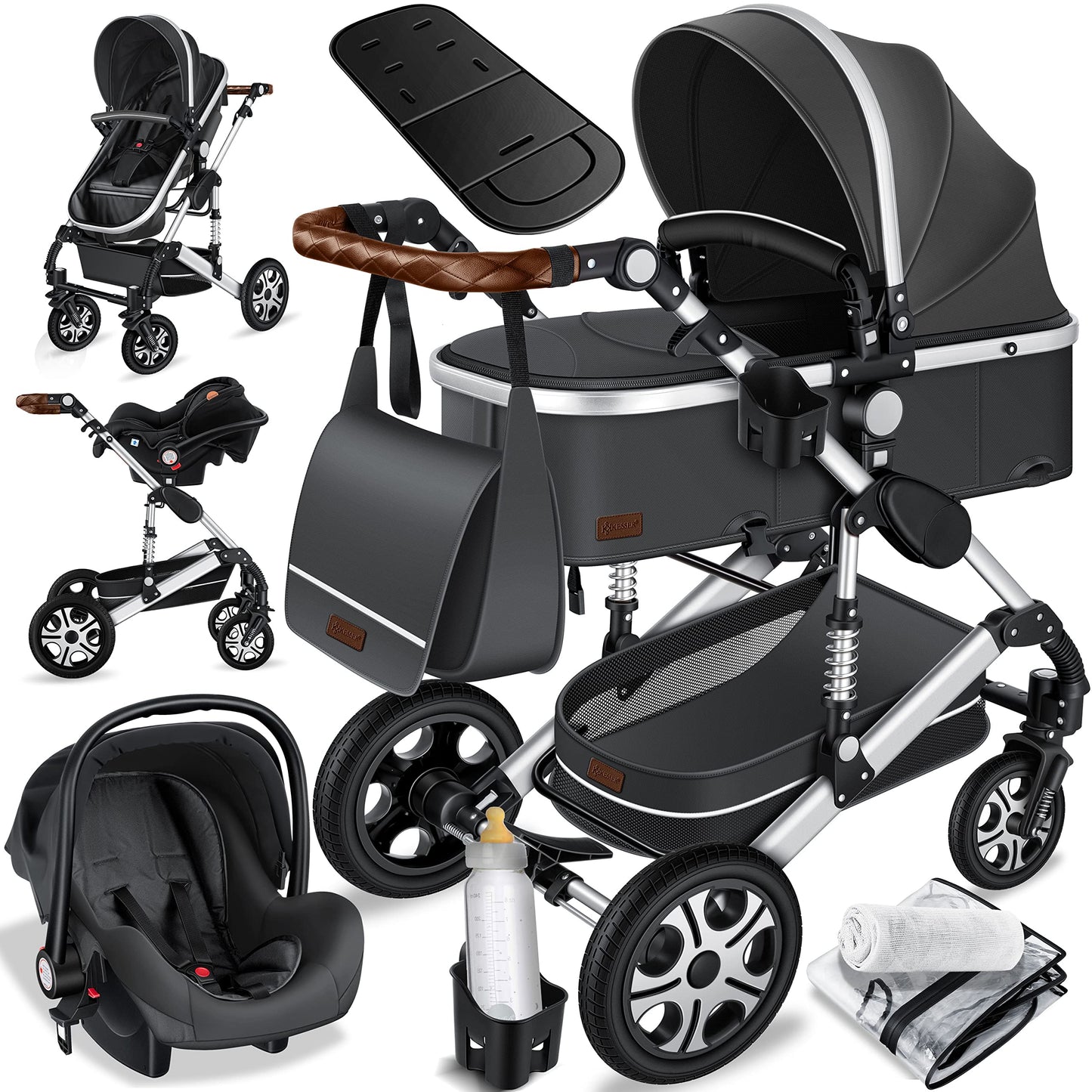 KESSER® Loops 3 in 1 Kinderwagen Kombikinderwagen Komplett-Set inkl. Babywanne & Buggy Sportsitz & Auto-Babyschale Voll-Gummireifen Wickeltasche Regenschutz Kindertisch ECE R129, Schwarz/Champagne - Meloni2