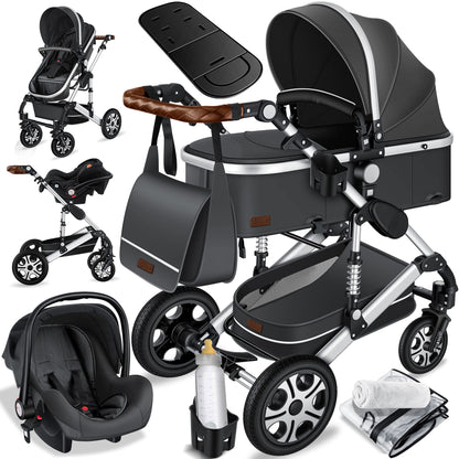KESSER® Loops 3 in 1 Kinderwagen Kombikinderwagen Komplett-Set inkl. Babywanne & Buggy Sportsitz & Auto-Babyschale Voll-Gummireifen Wickeltasche Regenschutz Kindertisch ECE R129, Schwarz/Champagne - Meloni2