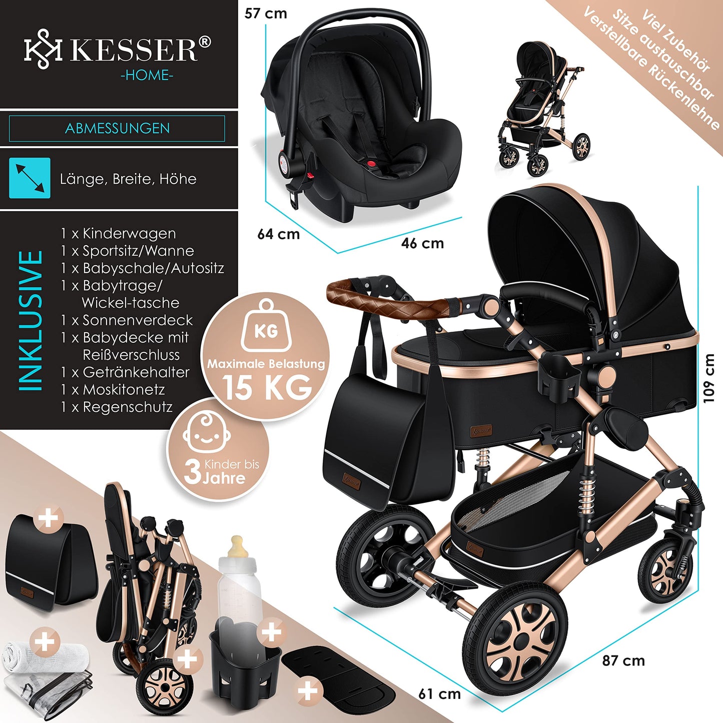 KESSER® Loops 3 in 1 Stroller Combi Stroller Complete Set including Carrycot &amp; Buggy Sports Seat &amp; Car Seat Solid Rubber Tires Changing Bag Rain Cover Children's Table ECE R129, Black/Champagne 