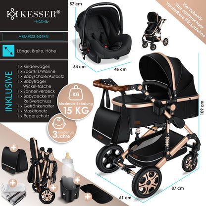 KESSER® Loops 3 in 1 Stroller Combi Stroller Complete Set including Carrycot &amp; Buggy Sports Seat &amp; Car Seat Solid Rubber Tires Changing Bag Rain Cover Children's Table ECE R129, Black/Champagne 