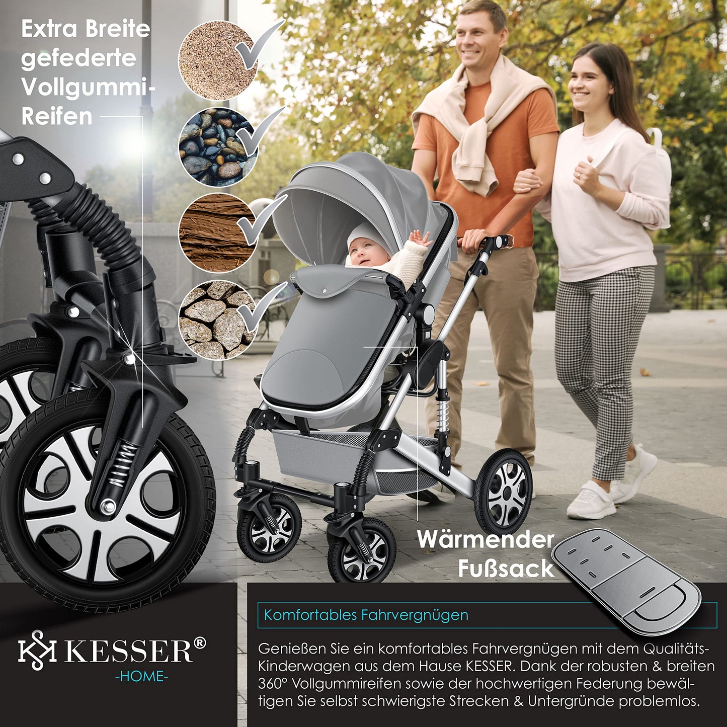 KESSER® Loops 3 in 1 Kinderwagen Kombikinderwagen Komplett-Set inkl. Babywanne & Buggy Sportsitz & Auto-Babyschale Voll-Gummireifen Wickeltasche Regenschutz Kindertisch ECE R129, Schwarz/Champagne - Meloni2