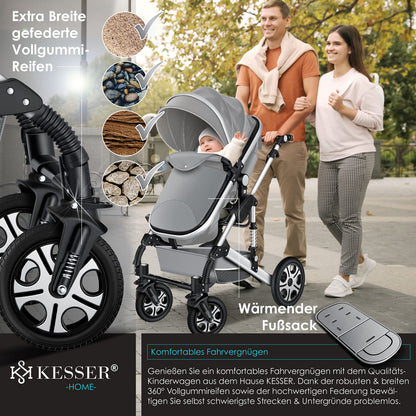 KESSER® Loops 3 in 1 Kinderwagen Kombikinderwagen Komplett-Set inkl. Babywanne & Buggy Sportsitz & Auto-Babyschale Voll-Gummireifen Wickeltasche Regenschutz Kindertisch ECE R129, Schwarz/Champagne - Meloni2