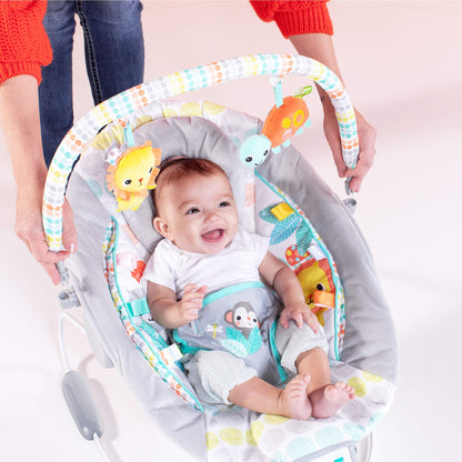 Bright Starts, Babywippe Babyschaukel mit beruhigenden Vibrationen, Babysitz, Musik, abnehmbarer Spielbügel, 0-6 Monate, bis zu 20 lbs (Whimsical Wild)