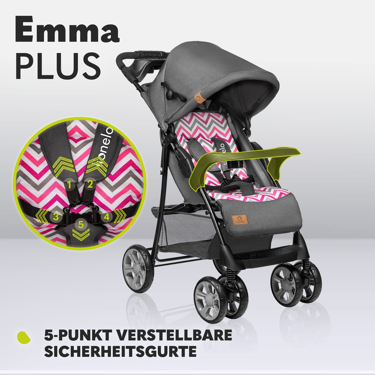 LIONELO Emma Plus Kinderwagen bis zu 15 kg, Kindersportwagen, leicht modern klein Buggy mit Liegeposition, zusammenklappbar, große Räder, großer Korb, Tasche Stone