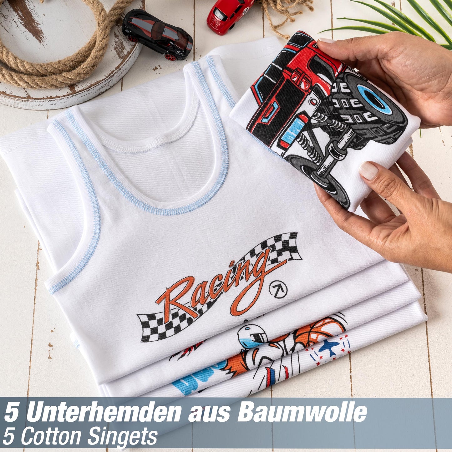 LOREZA ® 5 Pack Jungen Unterhemden 100% gerippte Baumwolle ohne Seitennaht Tank Top