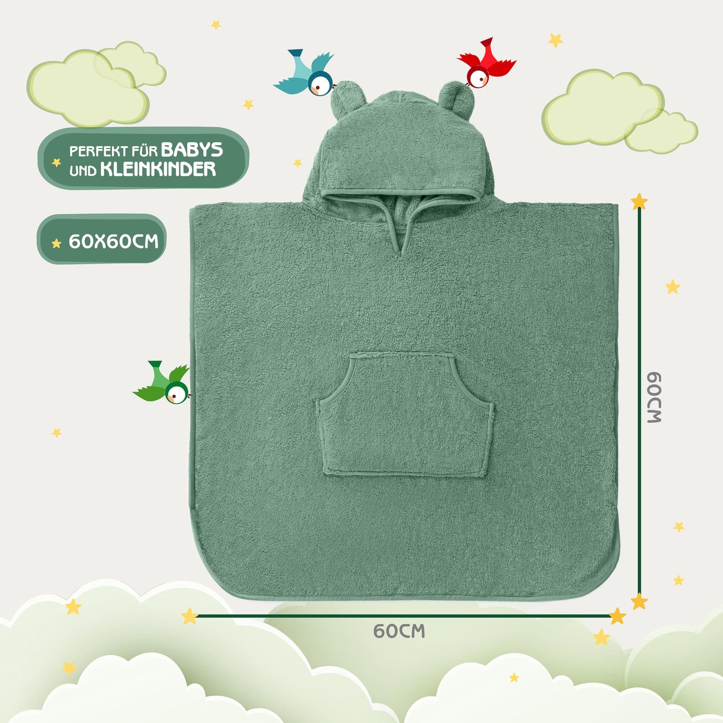 Fuchs&Panda® Badeponcho Kinder EXTRA warm, weich & kuschelig (100% Bambus) | Badeponcho Baby | Handtuch Poncho Kinder mit toller Geschenkverpackung (Kupfer-grün)