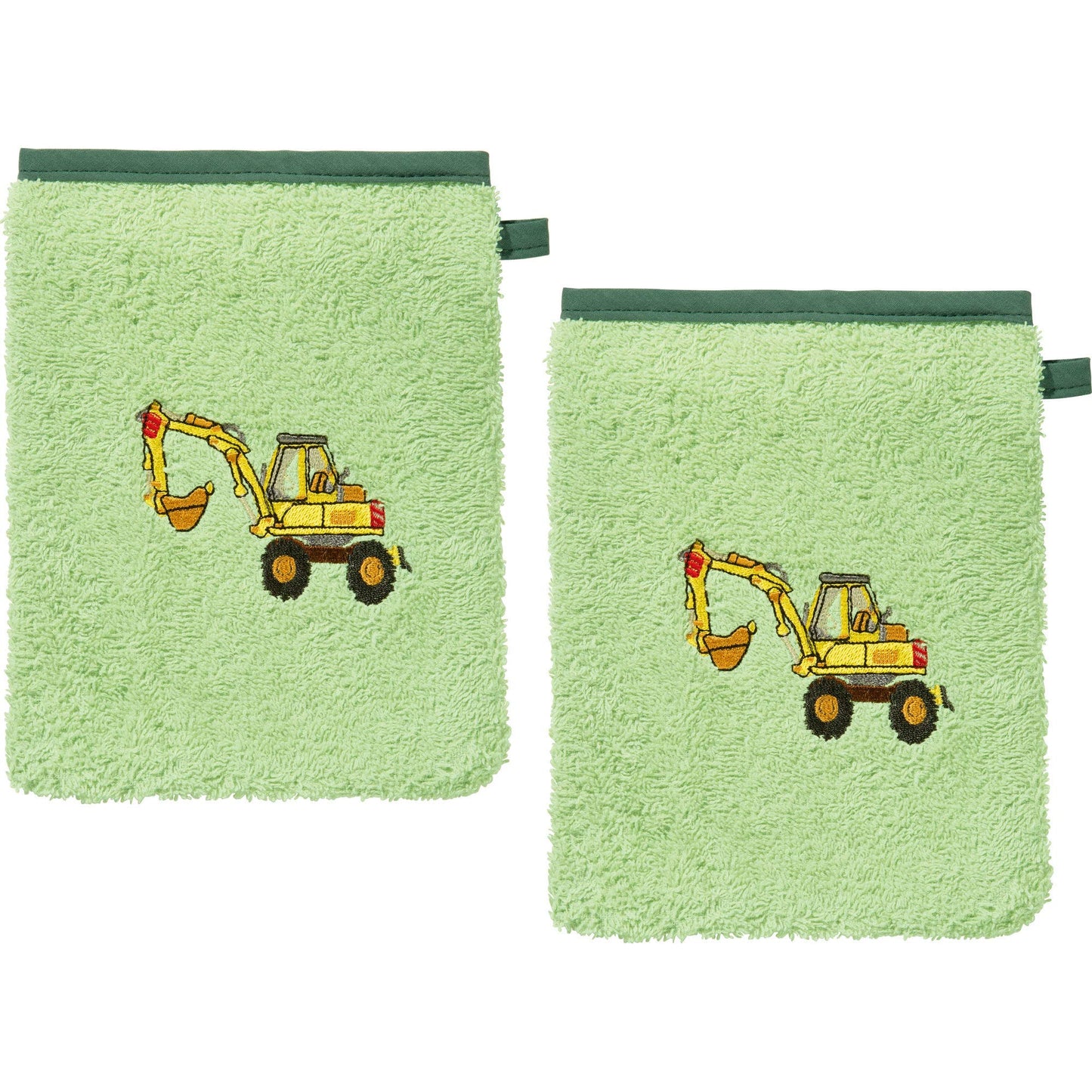 Erwin Müller Kinder-Waschhandschuh, Waschlappen 4er-Pack Traktor, Bagger grün Größe 15x21 cm - 100% Baumwolle, mit hochwertigem Stickmotiv