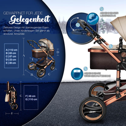 KIDUKU® 3 in 1 Kinderwagen Komplettset | Kombikinderwagen Set inkl. Babywanne & Buggy Sportsitz & Auto-Babyschale Fußsack | Vollgummireifen Wickeltasche Handwärmer Regenschutz Kindertisch ECE R129