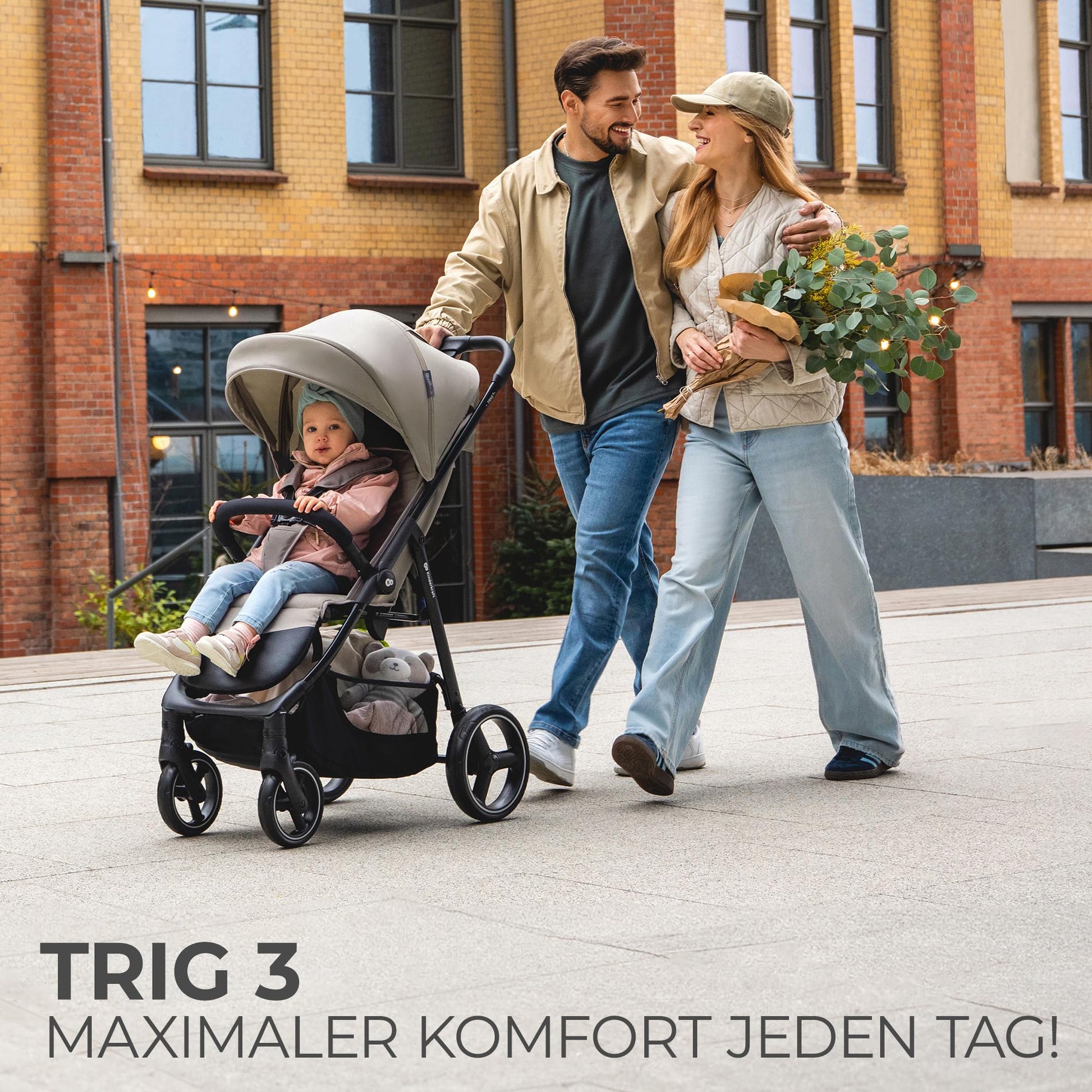 Kinderkraft TRIG 3 Kinderwagen, Kinderbuggy, Liegewagen, Sportwagen, Buggy, Zusammenklappen, Breite und tiefe Sitz, mit Liegeposition, 4 Rad Dämpfung, Große Dach, 5-Punkt-Gurt, bis zu 25 kg, Beige - Meloni2