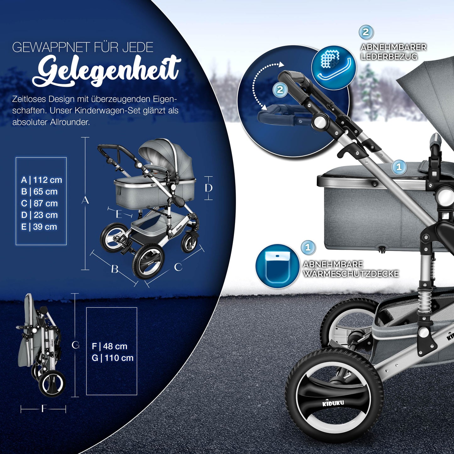 KIDUKU® 3 in 1 Kinderwagen Komplettset | Kombikinderwagen Set inkl. Babywanne & Buggy Sportsitz & Auto-Babyschale Fußsack | Vollgummireifen Wickeltasche Handwärmer Regenschutz Kindertisch ECE R129