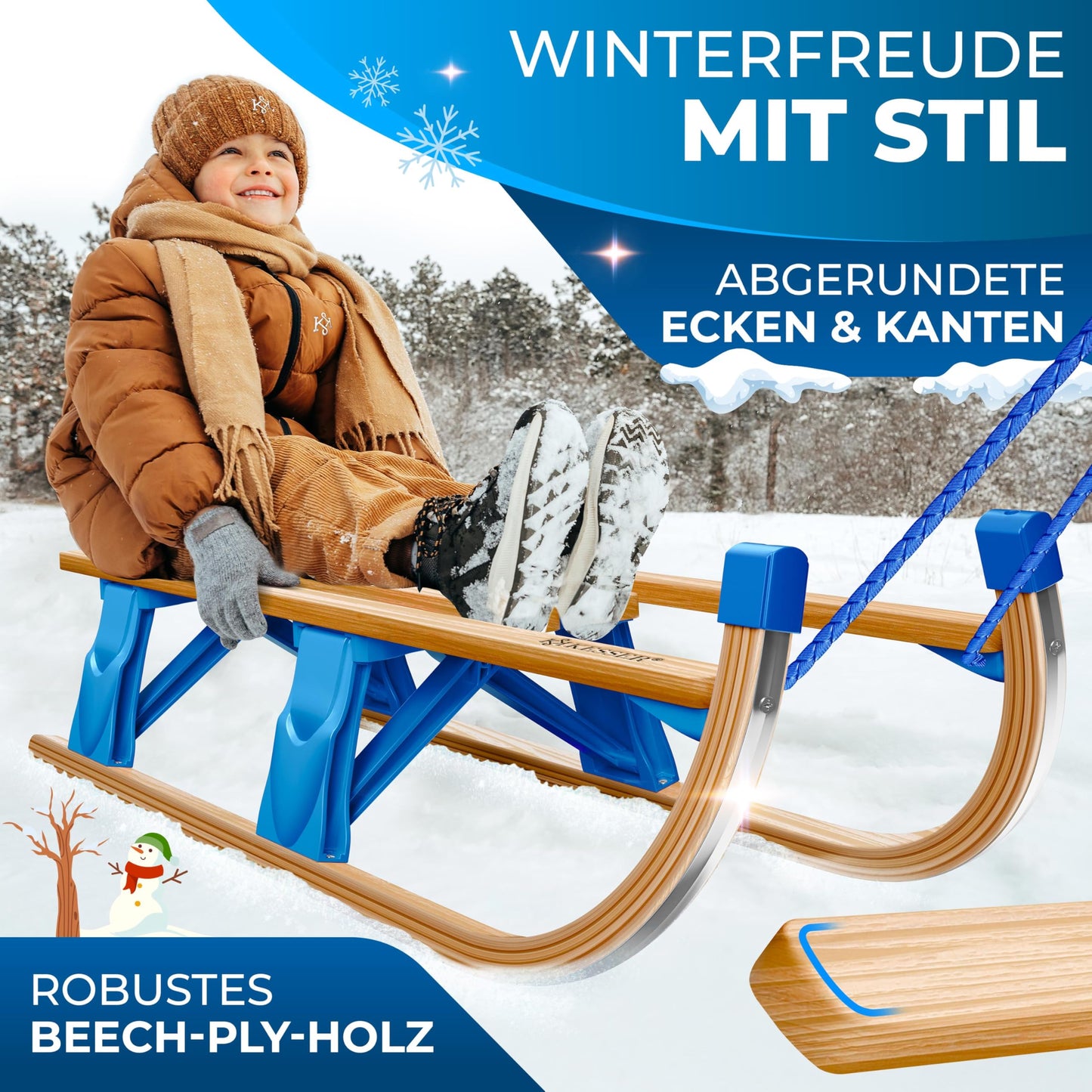 KESSER® Wooden Sledge Premium Children's Folding Sledge Made of Beech Wood Including Pull Rope Slider Metal Runners