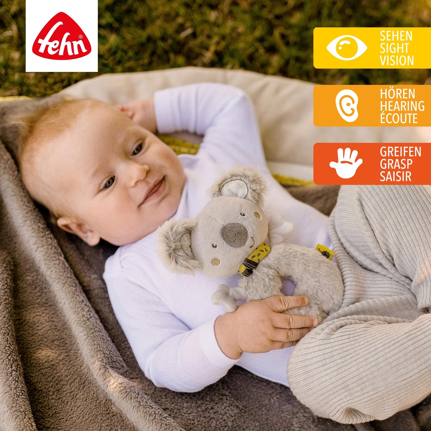 Fehn Baby Ring Greifling Lama - Kuscheltier Babyspielzeug mit Rassel - Motorikspielzeug für das spielerische Lernen - Plüschtier als Einschlafhilfe - Spielzeug für Babys & Kleinkinder ab 0+ Monaten