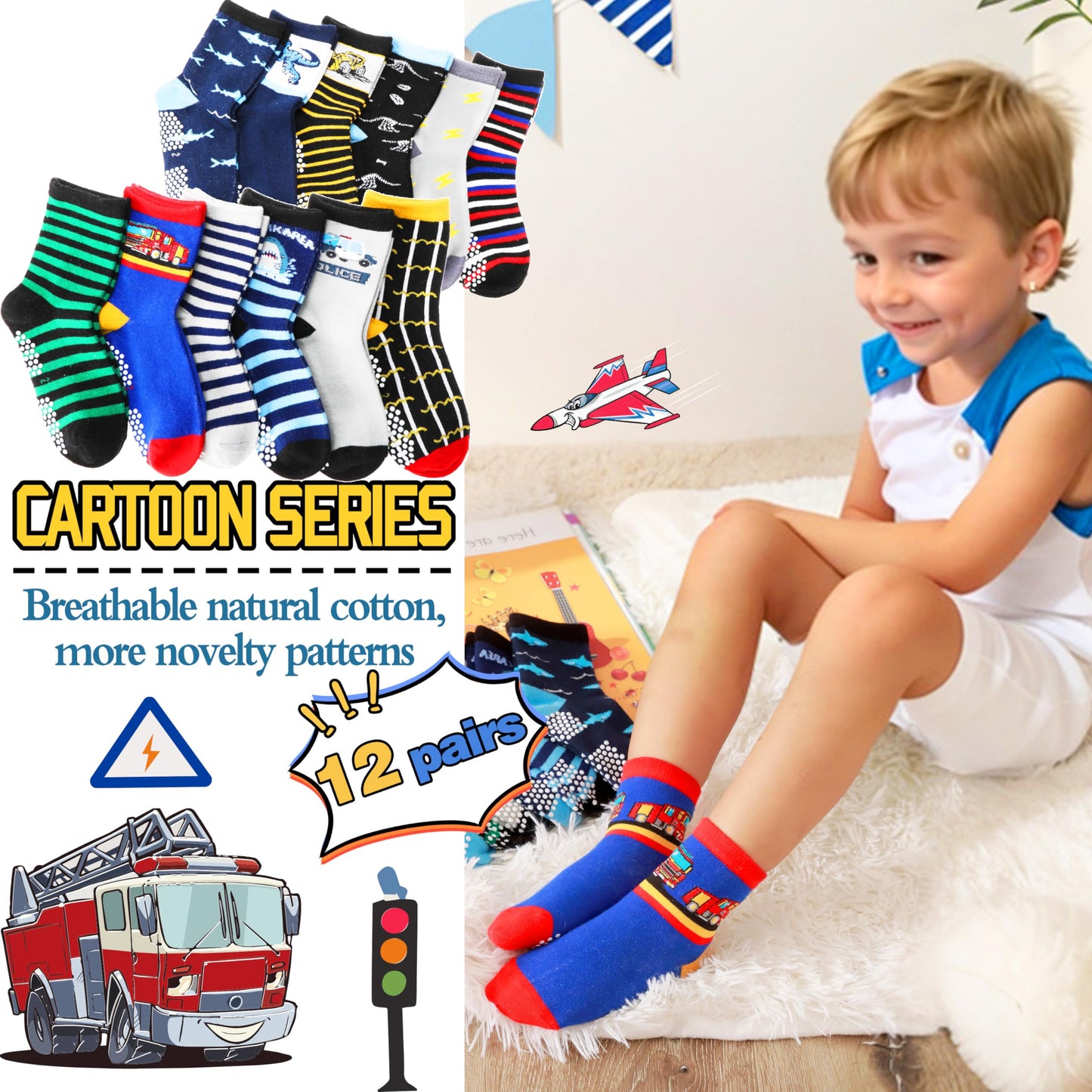 Welwoos 12 Paare Stoppersocken Kinder Baby Jungen Antirutschsocken Kinder Anti Rutsch Rutschfeste Baumwolle Socken