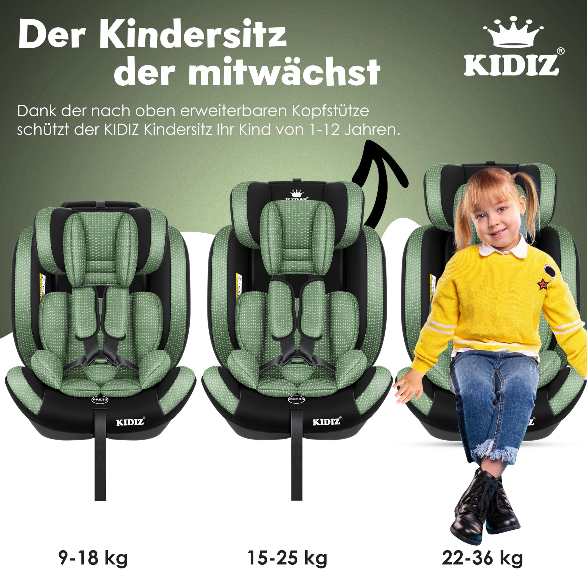 KIDIZ® Autokindersitz Triangle Premium Kindersitz Kinderautositz | Autositz Sitzschale | 9 kg - 36 kg 1-12 Jahre | Gruppe 1/2/3 | universal | zugelassen nach ECE R129/03 | mit Isofix - Meloni2