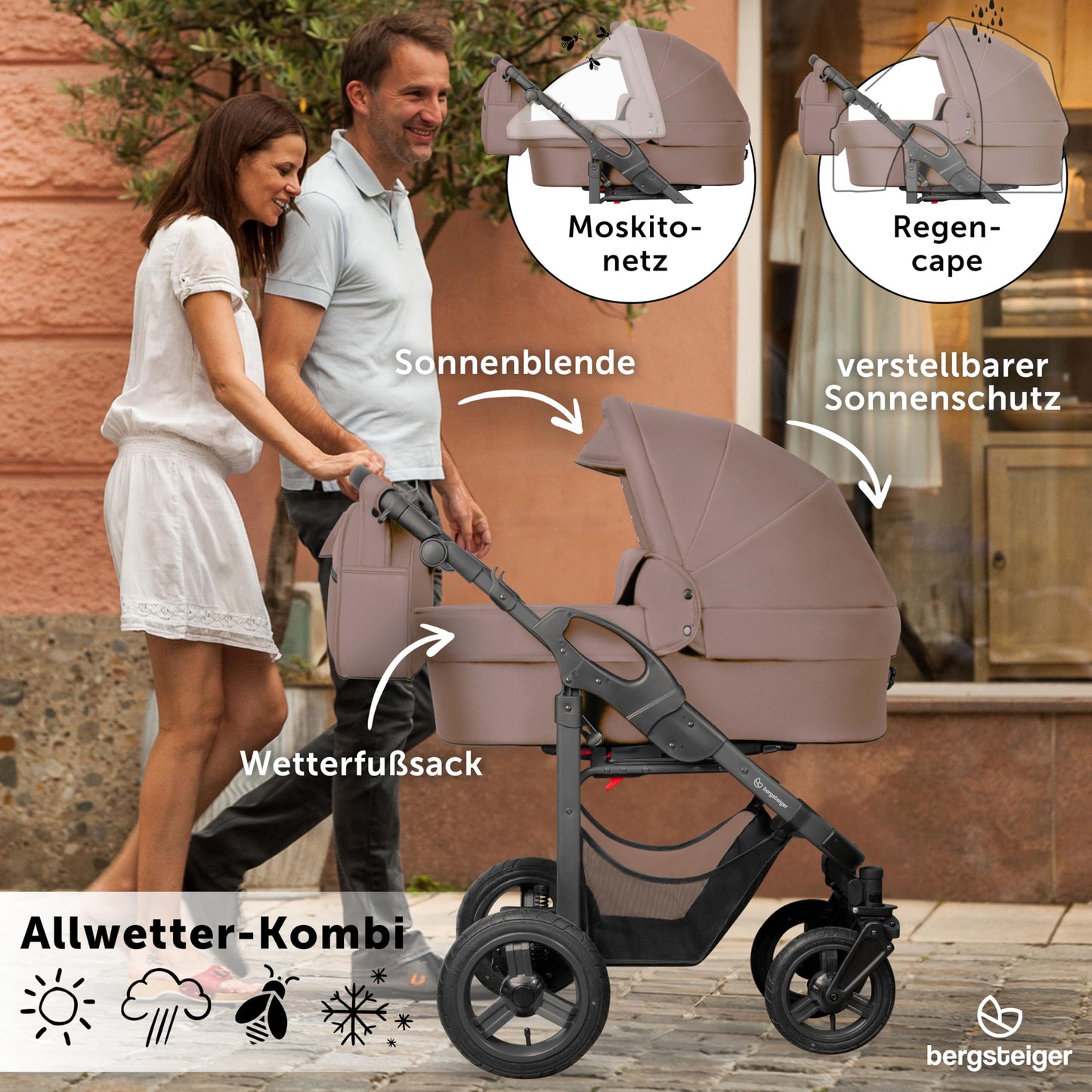 Bergsteiger Capri 3-in-1 Combination Pushchair - Baby Carrier, Sports Seat & i-Size Baby Seat, Pneumatic Tyres, Suspension, Height-Adjustable Handle, Foldable, Accessories