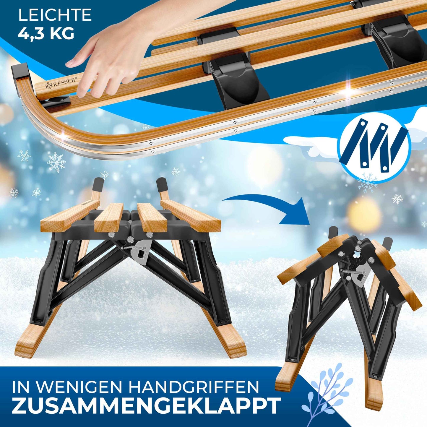 KESSER® Wooden Sledge Premium Children's Folding Sledge Made of Beech Wood Including Pull Rope Slider Metal Runners