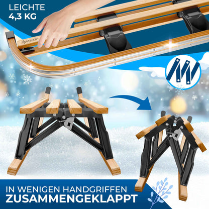 KESSER® Wooden Sledge Premium Children's Folding Sledge Made of Beech Wood Including Pull Rope Slider Metal Runners