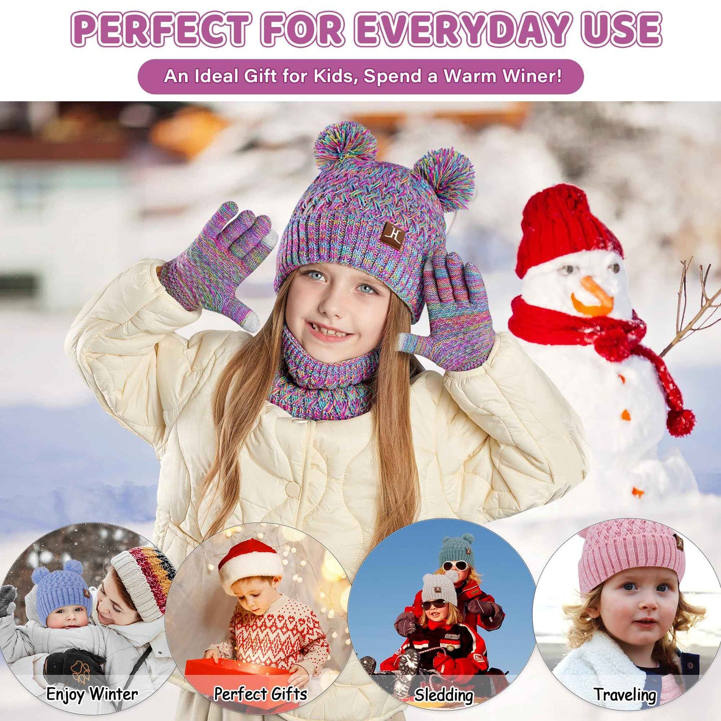 Children's Winter Hat Loop Scarf Touchscreen Gloves Set 2 3 4 5 6 7 Years Toddler Winter Hat Beanie Tube Scarf Knitted Pom Hats Gift Girls Boys